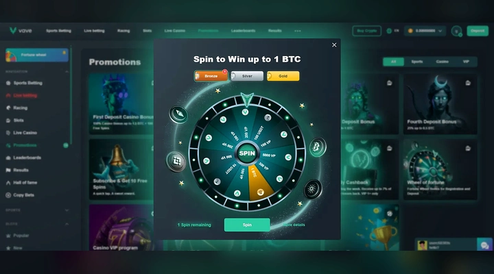 Vave Bronze Wheel one spin remaining Vave Wheel of Fortune modal headed Spin to Win up to 1 BTC with the Bronze tab selected and 1 Spin remaining