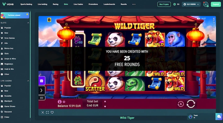 Vave 25 free rounds credited on Wild Tiger Wild Tiger slot at Vave showing You have been credited with 25 free rounds, with a total bet of 0.40 EUR