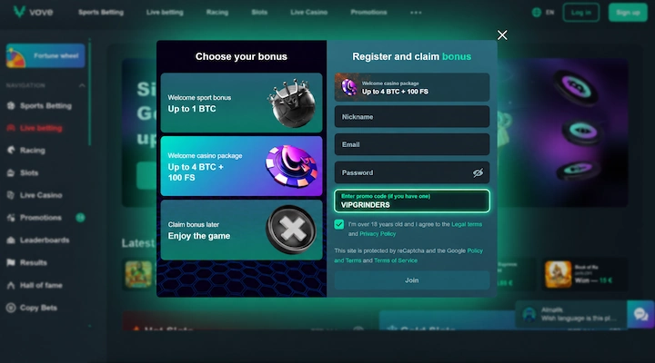 Vave promo code VIPGRINDERS registration form Vave registration window with the Choose your bonus panel on the left showing three cards, and VIPGRINDERS entered in the highlighted promo code field on the right