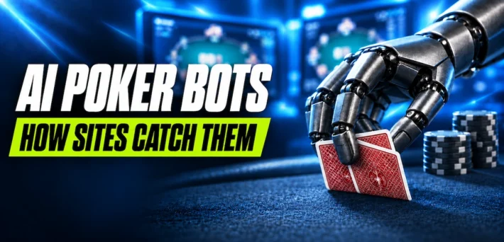 AI poker bots: a robotic hand holding face down cards at a poker table