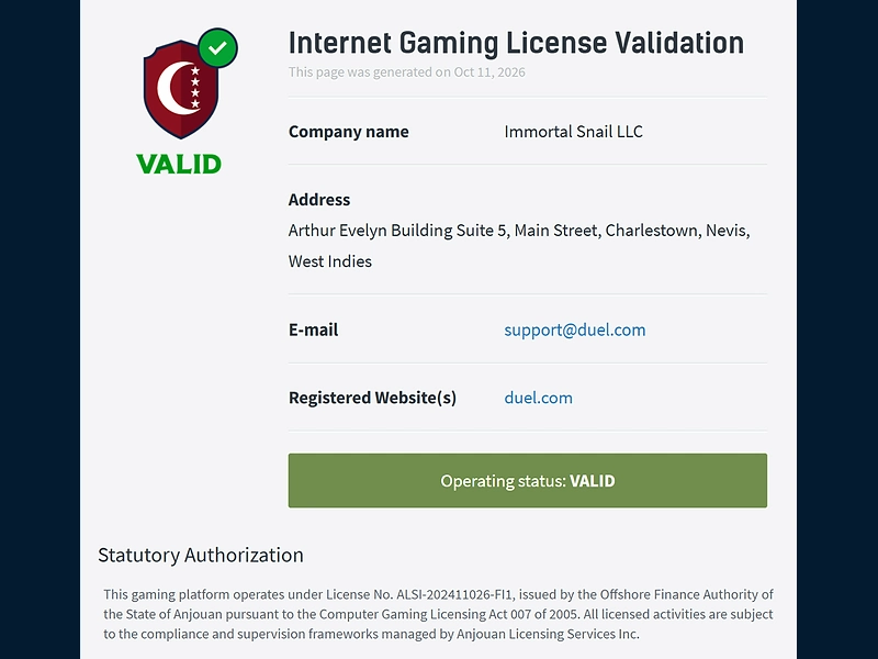 Anjouan internet gaming license validation page for duel.com, operated by Immortal Snail LLC under license ALSI-202411026-FI1, with the operating status shown as valid