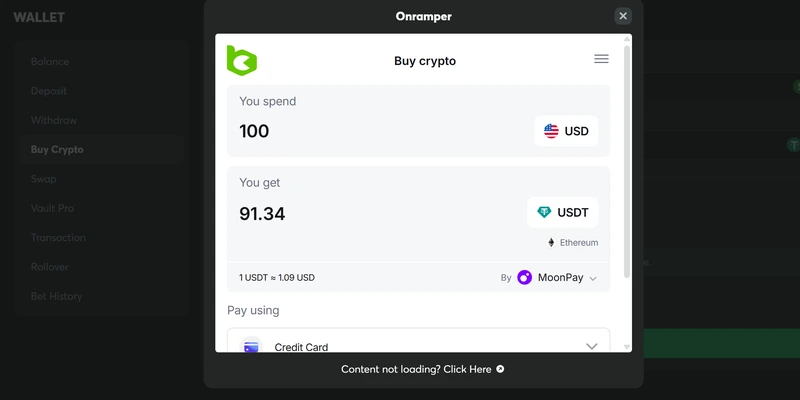 BC.Game Buy Crypto window through Onramper: $100 by credit card buys 91.34 USDT on Ethereum through MoonPay