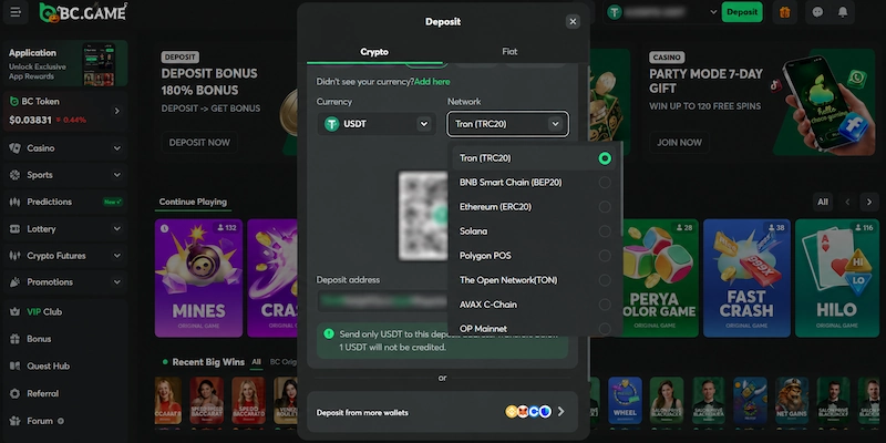 BC.Game USDT Deposit Network Menu BC.Game deposit screen with USDT selected and the network menu open, listing Tron (TRC20), BNB Smart Chain (BEP20), Ethereum (ERC20), Solana, Polygon POS, TON, Avalanche and OP Mainnet