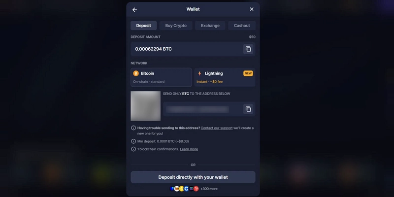 BitStarz Bitcoin Deposit Screen BitStarz bitcoin deposit screen with a choice of the Bitcoin network or Lightning, a 0.0001 BTC minimum deposit and 1 blockchain confirmation