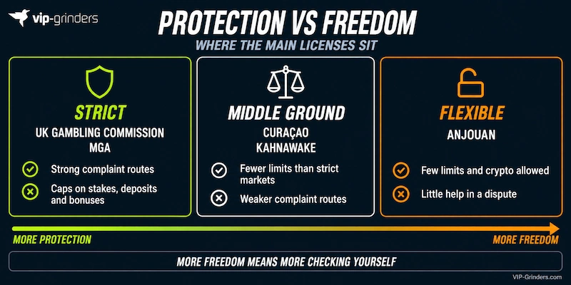 Protection vs freedom across casino licenses: the UK Gambling Commission and MGA give the most protection with the strictest limits, Curaçao and Kahnawake sit in the middle, and Anjouan gives the most freedom with the least help in a dispute