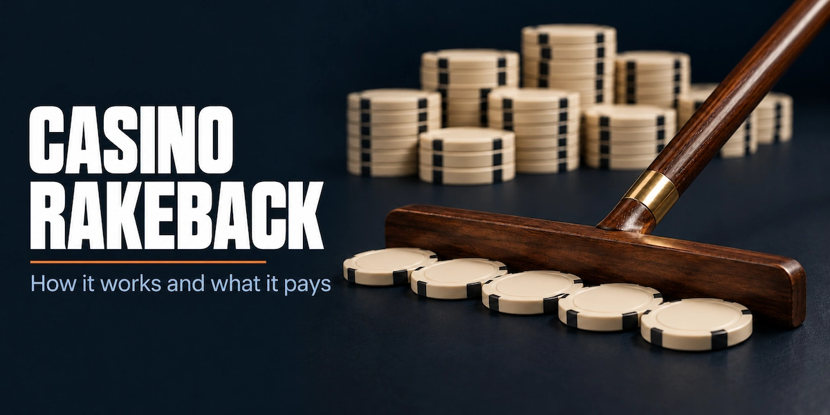 Casino Rakeback Casino rakeback: a croupier’s rake pushing a row of casino chips back toward the player