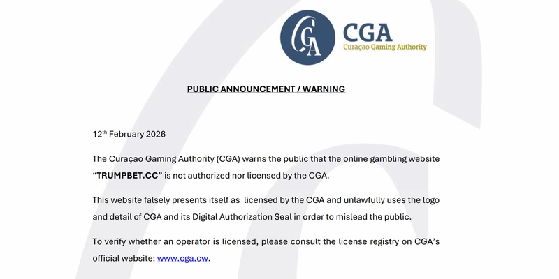Curaçao Gaming Authority public warning from 12 February 2026 that TRUMPBET.CC is not licensed and unlawfully uses the CGA logo and Digital Authorization Seal