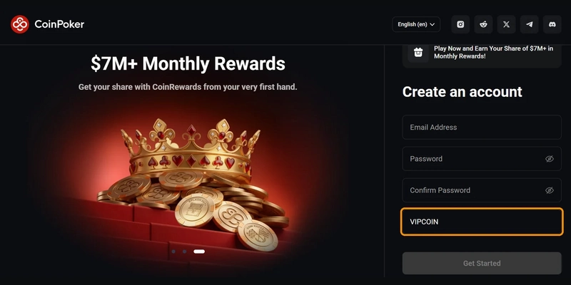 CoinPoker sign up form with code VIPCOIN CoinPoker signup form with email, password, confirm password and the code field filled in with VIPCOIN, highlighted in orange
