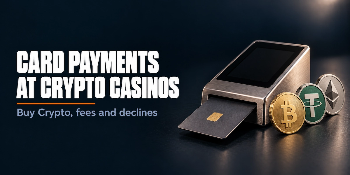 Card payments at crypto casinos: a payment card in a card reader, with Bitcoin, Tether and Ethereum coins beside it
