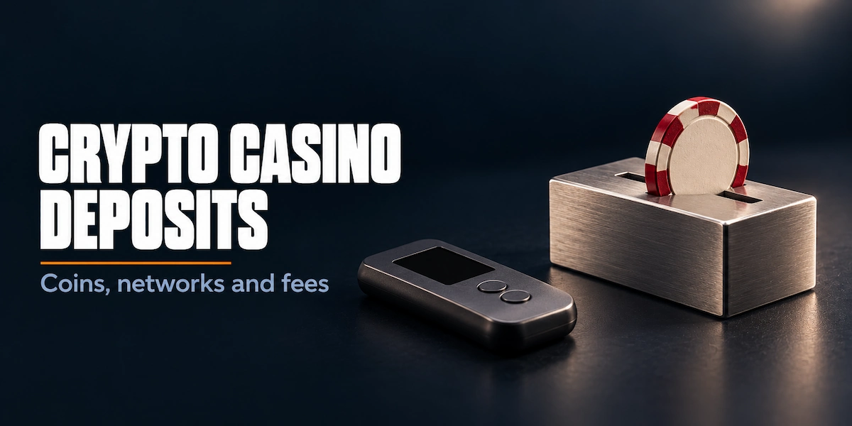 Crypto Casino Deposits Crypto casino deposits: a hardware wallet next to a casino chip dropping into a steel deposit box