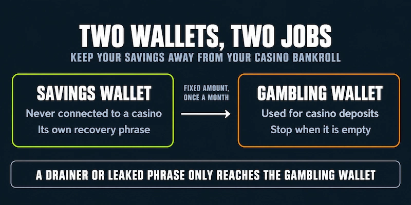Savings Wallet vs Gambling Wallet Infographic comparing a savings wallet, never connected to a casino and with its own recovery phrase, with a gambling wallet topped up with a fixed amount once a month, so a drainer or leaked phrase only reaches the gambling wallet