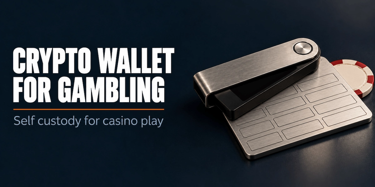 Crypto Wallet for Gambling Crypto wallet for gambling: a hardware wallet lying on a steel recovery phrase backup plate, next to a casino chip