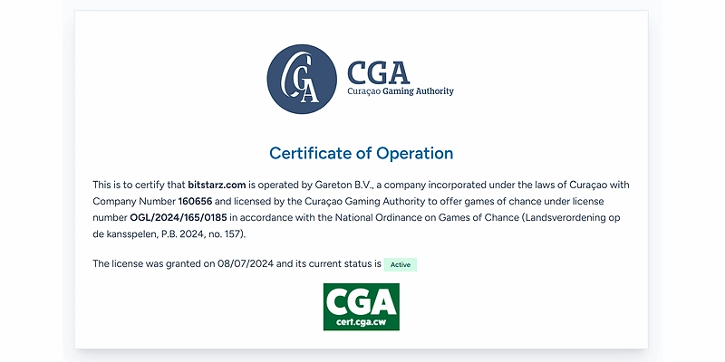 Curaçao Gaming Authority certificate of operation for bitstarz.com, operated by Gareton B.V. under license OGL/2024/165/0185, with the status shown as active