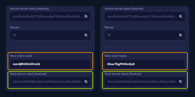 Duel Provably Fair Seed Commitment Duel provably fair settings showing two different new client seeds with the same next server seed hash