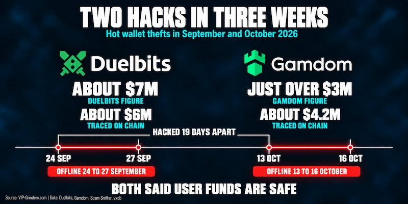 Duelbits and Gamdom Hacks 2026 Timeline of the 2026 Duelbits and Gamdom hacks, 19 days apart: Duelbits put its loss at about $7 million against about $6 million traced on chain, and Gamdom at just over $3 million against about $4.2 million