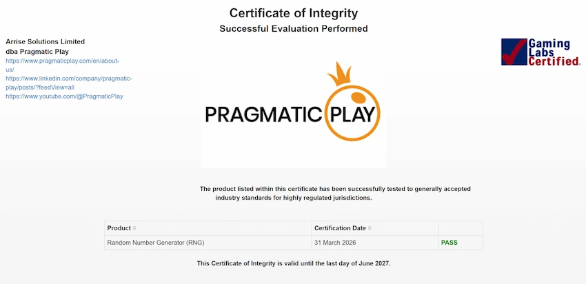GLI Certificate of Integrity for Pragmatic Play’s RNG GLI Certificate of Integrity issued to Arrise Solutions Limited dba Pragmatic Play, showing the Random Number Generator with a PASS result, certified 31 March 2026 and valid until June 2027