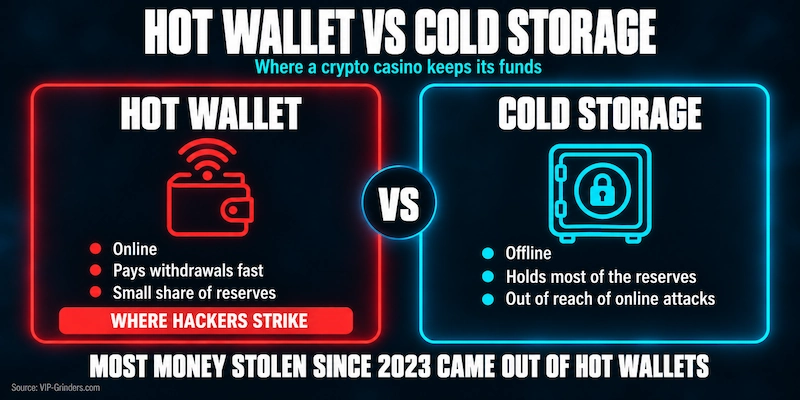 Hot Wallet vs Cold Storage Infographic comparing a crypto casino’s hot wallet, which is online and pays withdrawals, with cold storage, which is offline and holds most of the reserves
