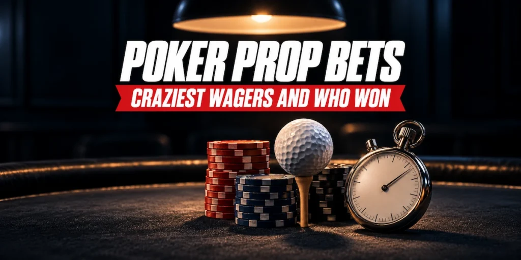 Poker Prop Bets: Craziest Wagers and Who Won, with stacks of poker chips, a golf ball on a tee and a stopwatch on a dark poker table