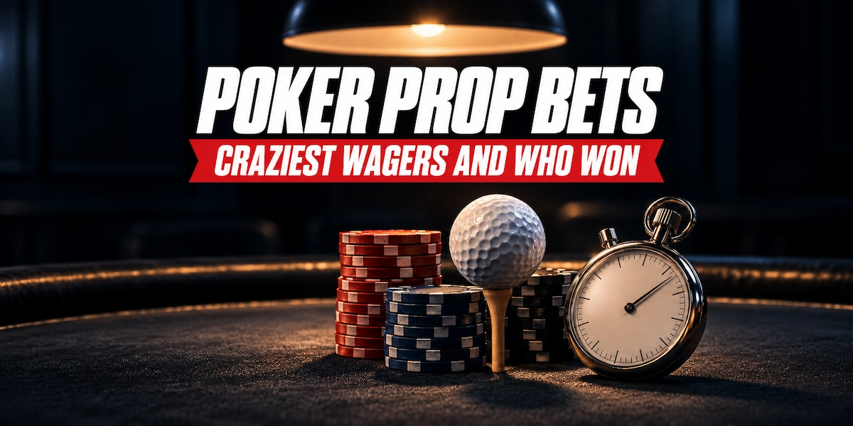 Poker Prop Bets: Craziest Wagers and Who Won, with stacks of poker chips, a golf ball on a tee and a stopwatch on a dark poker table