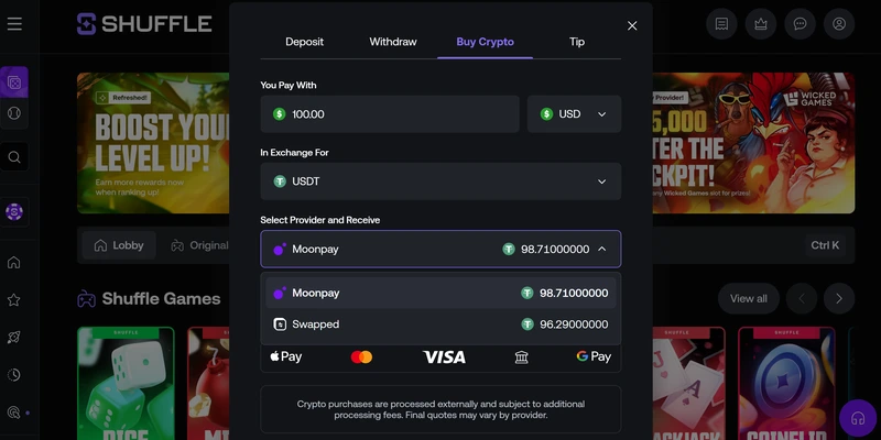 Shuffle Buy Crypto window for $100 of USDT, listing MoonPay at 98.71 USDT and Swapped at 96.29 USDT, with a note that purchases are subject to additional processing fees
